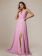 Pink A-Line Chiffon Ruched Scoop Sleeveless Floor Length Bridesmaid Dresses