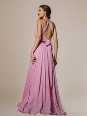 Pink A-Line Chiffon Ruched Scoop Sleeveless Floor Length Bridesmaid Dresses