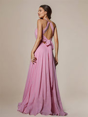 Pink A-Line Chiffon Ruched Scoop Sleeveless Floor Length Bridesmaid Dresses