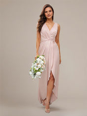 Blushing Pink Satin A-Line V Neck Sleeveless Asymmetrical Bridesmaid Dresses With Ruffles