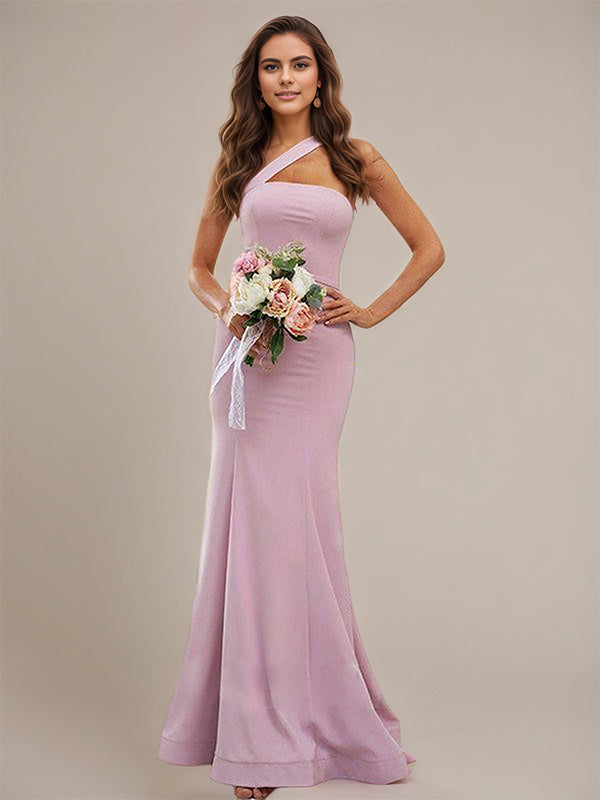Sheath/Column Stretch Crepe Ruffles One-Shoulder Sleeveless Floor-Length Bridesmaid Dresses