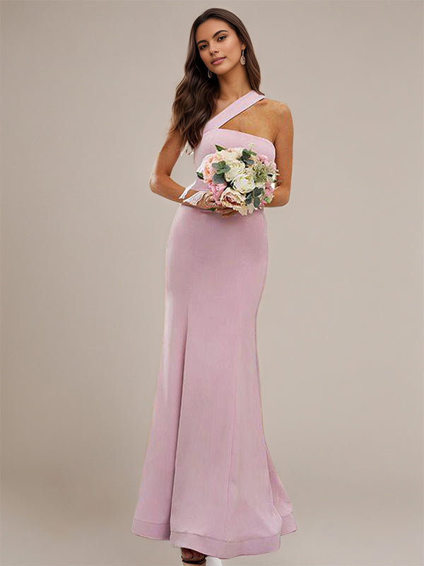 Sheath/Column Stretch Crepe Ruffles One-Shoulder Sleeveless Floor-Length Bridesmaid Dresses