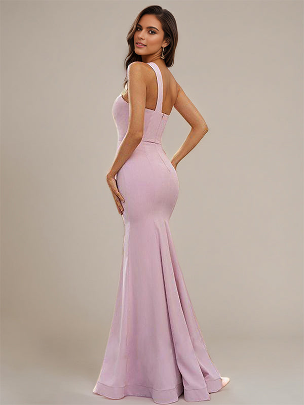 Sheath/Column Stretch Crepe Ruffles One-Shoulder Sleeveless Floor-Length Bridesmaid Dresses