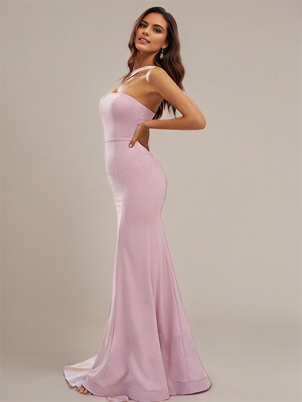 Sheath/Column Stretch Crepe Ruffles One-Shoulder Sleeveless Floor-Length Bridesmaid Dresses