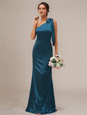 Ink Blue Sheath/Column Satin Bowknot One-Shoulder Sleeveless Floor-Length Bridesmaid Dresses