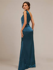 Ink Blue Sheath/Column Satin Bowknot One-Shoulder Sleeveless Floor-Length Bridesmaid Dresses