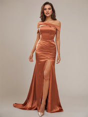 Orange Ballad Satin Sheath/Column Off-the-Shoulder Sleeveless Floor Length Bridesmaid Dresses