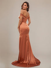 Orange Ballad Satin Sheath/Column Off-the-Shoulder Sleeveless Floor Length Bridesmaid Dresses