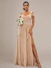Wheat A Line V-Neck Sleeveless Floor Length Chiffon Bridesmaid Dresses