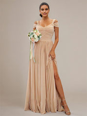 Wheat A Line V-Neck Sleeveless Floor Length Chiffon Bridesmaid Dresses