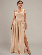 Wheat A Line V-Neck Sleeveless Floor Length Chiffon Bridesmaid Dresses