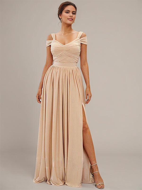 Wheat A Line V-Neck Sleeveless Floor Length Chiffon Bridesmaid Dresses