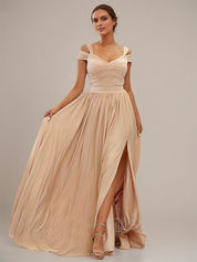 Wheat A Line V-Neck Sleeveless Floor Length Chiffon Bridesmaid Dresses