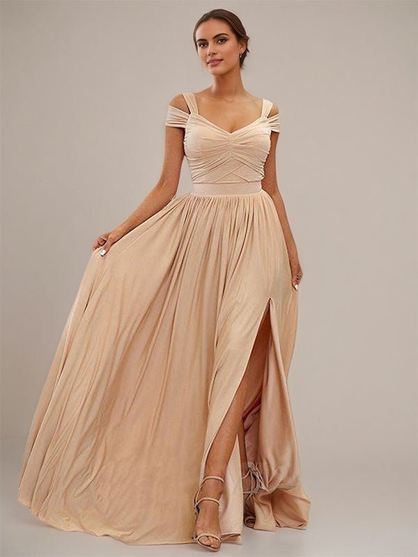 Wheat A Line V-Neck Sleeveless Floor Length Chiffon Bridesmaid Dresses