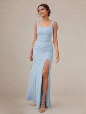 Sky Blue Sheath/Column Square Neck Sleeveless Floor Length Chiffon Bridesmaid Dress