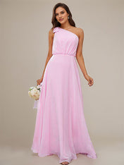 Pink A-Line Chiffon Bowknot One Shoulder Sleeveless Floor-Length Bridesmaid Dresses