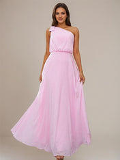 Pink A-Line Chiffon Bowknot One Shoulder Sleeveless Floor-Length Bridesmaid Dresses