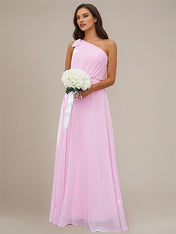 Pink A-Line Chiffon Bowknot One Shoulder Sleeveless Floor-Length Bridesmaid Dresses
