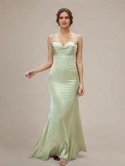 Dusty Sage Satin Trumpet/Mermaid Spaghetti Straps Floor-Length Sleeveless Bridesmaid Dress