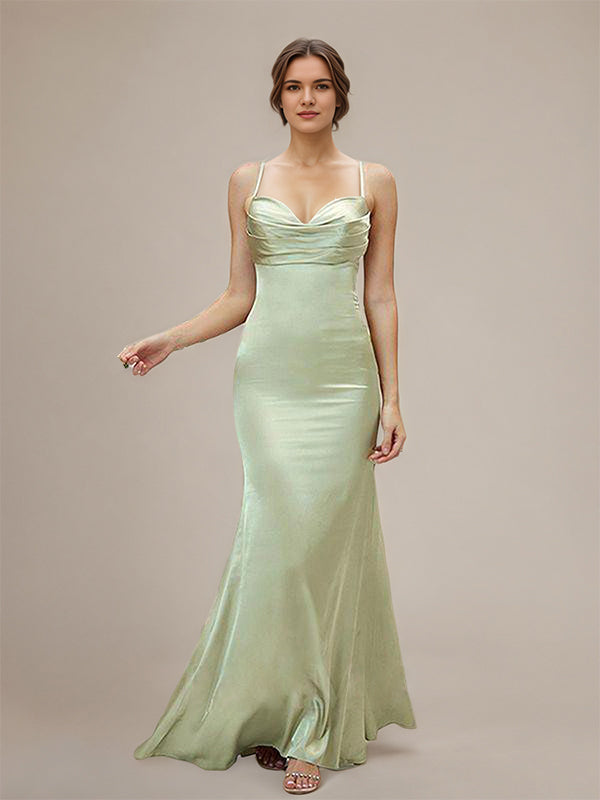 Dusty Sage Satin Trumpet/Mermaid Spaghetti Straps Floor-Length Sleeveless Bridesmaid Dress