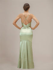 Dusty Sage Satin Trumpet/Mermaid Spaghetti Straps Floor-Length Sleeveless Bridesmaid Dress