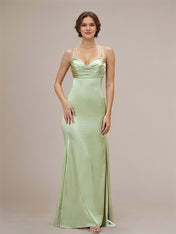 Dusty Sage Satin Trumpet/Mermaid Spaghetti Straps Floor-Length Sleeveless Bridesmaid Dress
