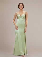 Dusty Sage Satin Trumpet/Mermaid Spaghetti Straps Floor-Length Sleeveless Bridesmaid Dress