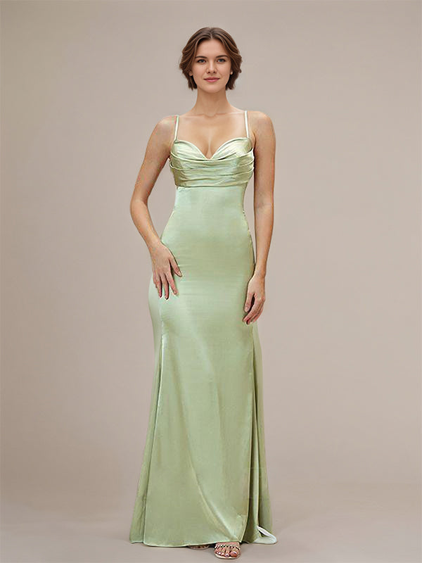 Dusty Sage Satin Trumpet/Mermaid Spaghetti Straps Floor-Length Sleeveless Bridesmaid Dress