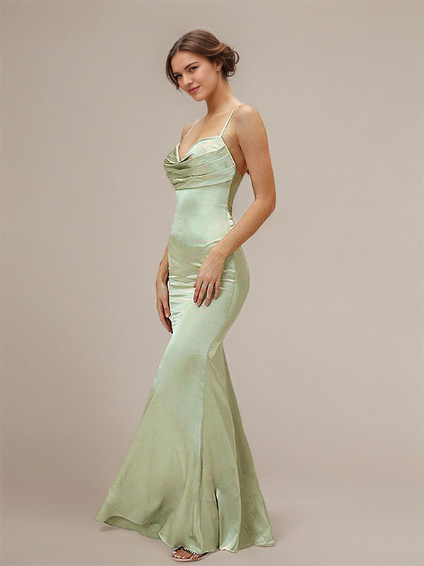 Dusty Sage Satin Trumpet/Mermaid Spaghetti Straps Floor-Length Sleeveless Bridesmaid Dress