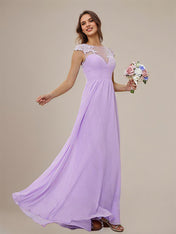 Lilac A-Line Chiffon Applique Scoop Short Sleeves Floor-Length Bridesmaid Dresses