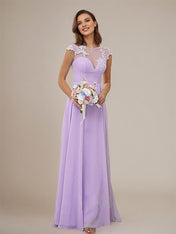 Lilac A-Line Chiffon Applique Scoop Short Sleeves Floor-Length Bridesmaid Dresses