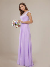 Lilac A-Line Chiffon Applique Scoop Short Sleeves Floor-Length Bridesmaid Dresses