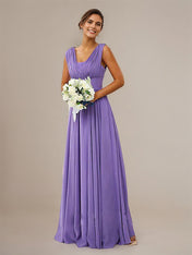 Tahiti A-Line Elegant V-Neck Floor-Length Chiffon Bridesmaid Dress With Pleated