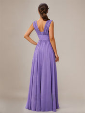 Tahiti A-Line Elegant V-Neck Floor-Length Chiffon Bridesmaid Dress With Pleated