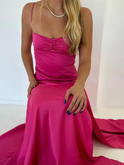 Yellow A Line Spaghetti Straps Silk Long Prom Dress with Slit