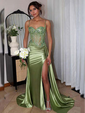 Green Mermaid Spaghetti Straps Bodice Long Prom Dress with Beads