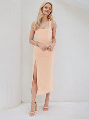 Peach Pink Stretch Crepe Square Neck Sleeveless Tea Length Dress With High Slit