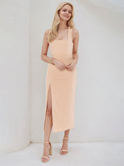 Peach Pink Stretch Crepe Square Neck Sleeveless Tea Length Dress With High Slit