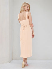 Peach Pink Stretch Crepe Square Neck Sleeveless Tea Length Dress With High Slit