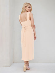 Peach Pink Stretch Crepe Square Neck Sleeveless Tea Length Dress With High Slit