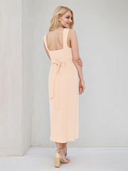 Peach Pink Stretch Crepe Square Neck Sleeveless Tea Length Dress With High Slit