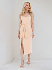 Peach Pink Stretch Crepe Square Neck Sleeveless Tea Length Dress With High Slit