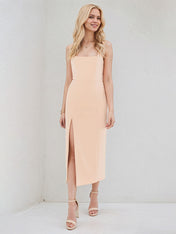 Peach Pink Stretch Crepe Square Neck Sleeveless Tea Length Dress With High Slit