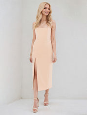 Peach Pink Stretch Crepe Square Neck Sleeveless Tea Length Dress With High Slit