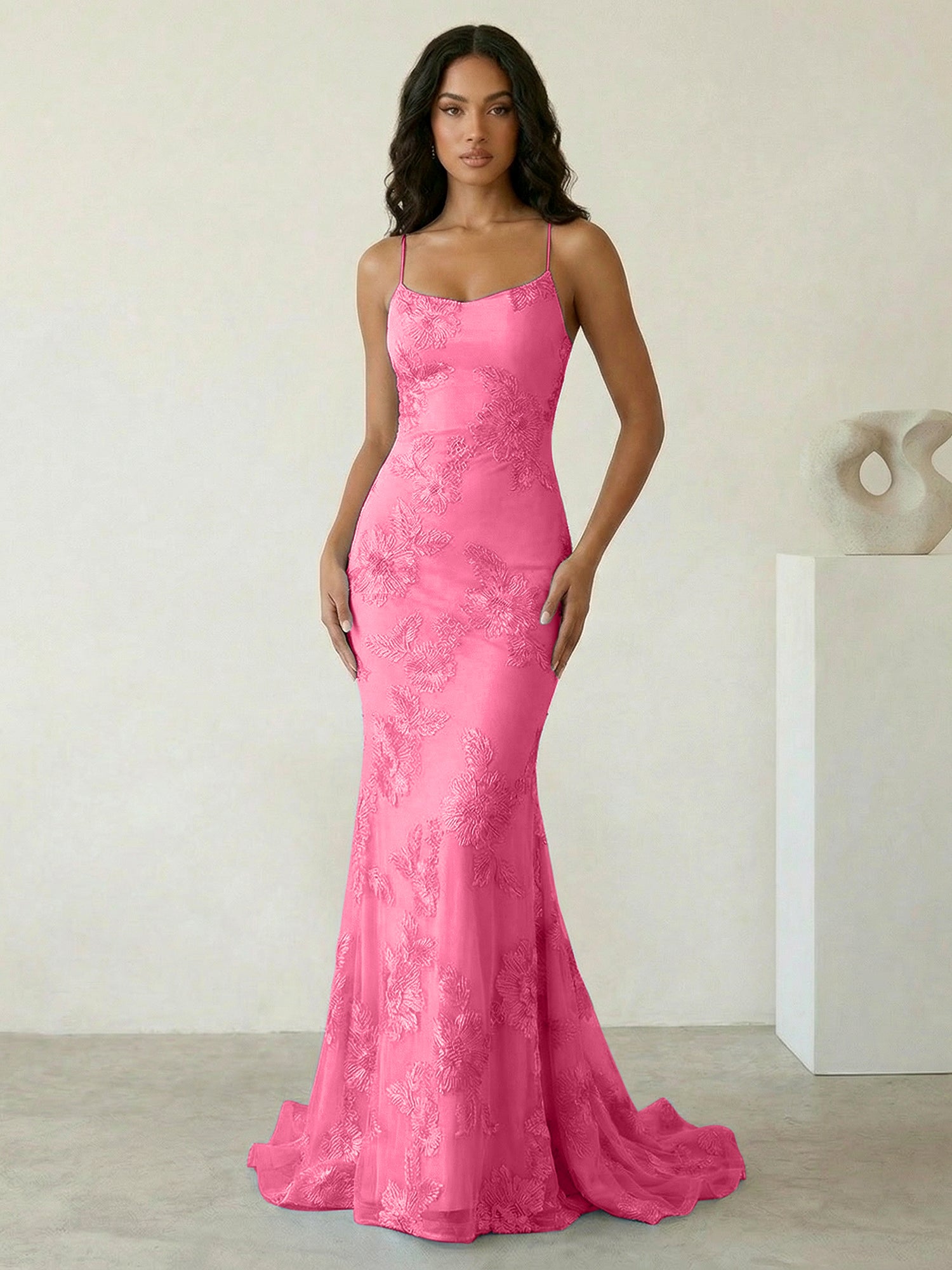 Light Blue Floral Embroidered Spaghetti Strap Prom Dresses