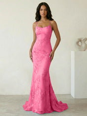 Light Blue Floral Embroidered Spaghetti Strap Prom Dresses