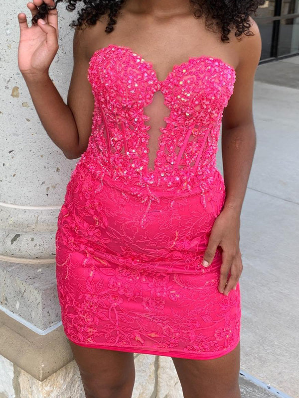 Hot Pink Off-Shoulder Sheath Party Homecoming Dress with Appliques