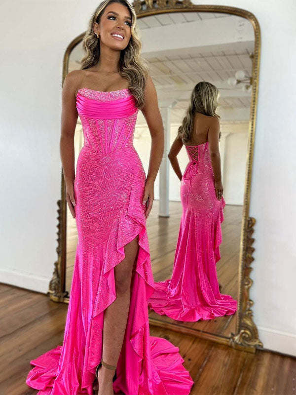 Hot Pink Mermaid Strapless Corset Bodice Long Prom Dress with Ruffle Slit