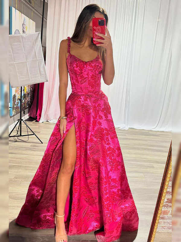 Dreamylily Women Hot Pink A Line Floral Long Prom Dress with High Slit Dreamylily Women Hot Pink A Line Floral Long Prom Dress with High Slit