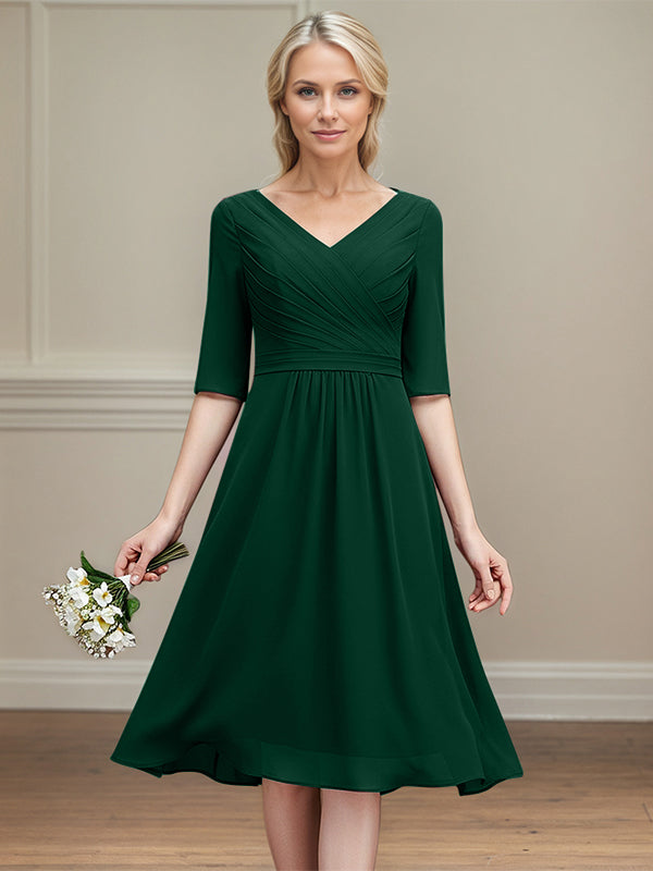 Dark Green A-line V-Neck Tea-Length Chiffon Mother of the Bride Dress With Pleated